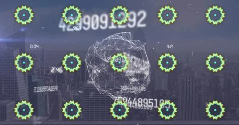 Overlaying wireframe neural network over skyscrapers, featuring glowing nodes Stock Photos