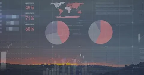 Overlaying world map and chart elements over rural fields at sunset with Stock Illustration