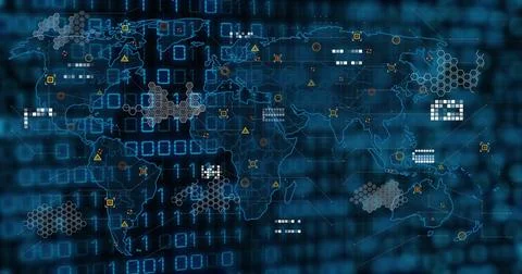 Overlaying world map on blue binary grid in interface, with hex clusters, 스톡 일러스트