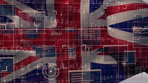 Overlays appearing, Union Jack receiving HUD, code scrolling and reticle Stock Footage 340674919