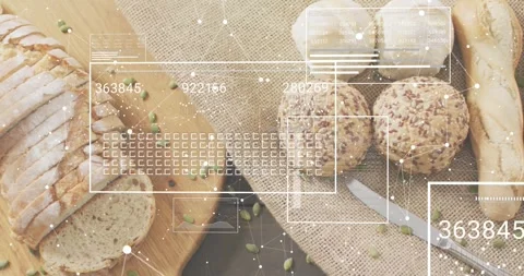 Overlays fading in over flat bread updating numeric codes while panning left 스톡 동영상 317791680