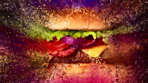 Overload Hamburger Exploding With Flying Tiny Pieces. Food Art Concept 스톡 동영상 165586769