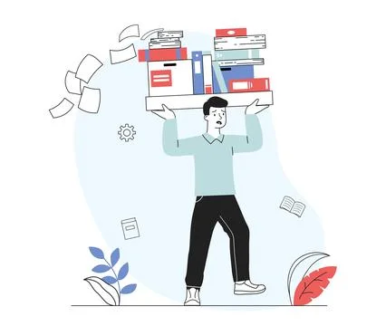 Overload man concept. Young guy with lot of paperwork. Stress and emotional Stockillustratie