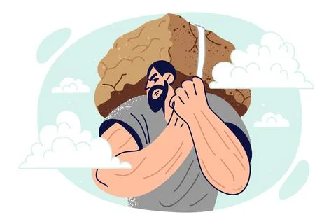 Overload man with stone behind back symbolizing burden responsibility and Stock Illustration