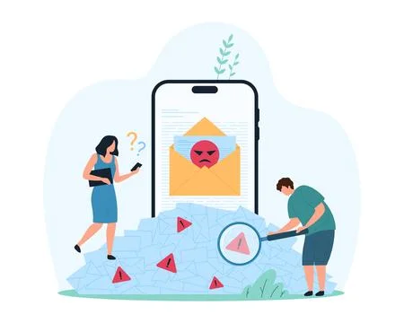 Overload of notifications about incoming emails, spam in inbox mobile app of Stock Illustration