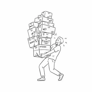 Overloaded man carrying heavy boxes, stressed moving illustration Silhouette イラスト素材