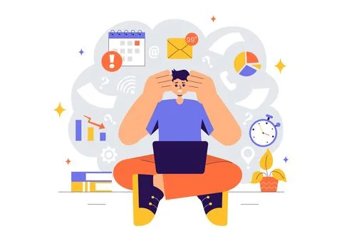 Overloading Vector Illustration of a Busy Employee Multitasking to Complete.. Illustrazione stock