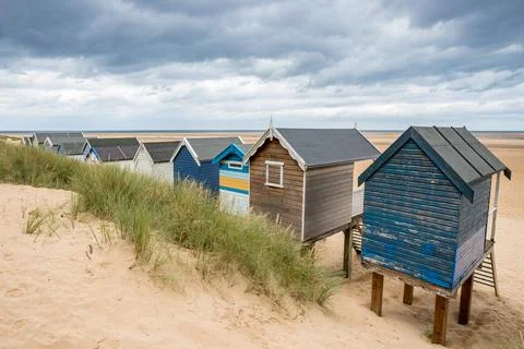 Overlooking the beach huts at Wells next the Sea Stock Photos