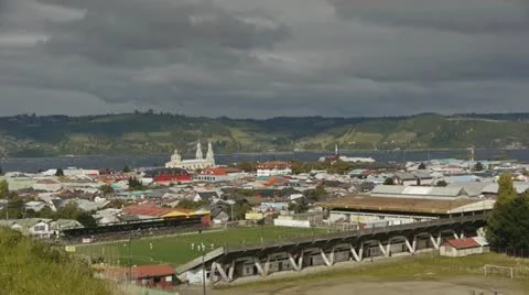 Overlooking city of Castro, Chile Stock Footage 12452694