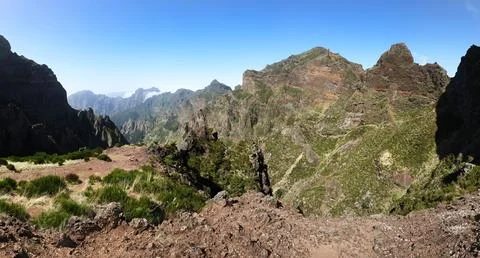Overlooking a cloud inversion event while hiking in Pico Ruivo mountain tra.. Stock Photos