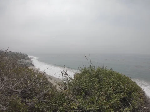 Overlooking Cloudy Ocean Coastline with Breaking Waves 4k 4:3 Stock Footage 92931974