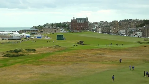 Overlooking the famous Old golf course at St Andrews. Video stock 101663647