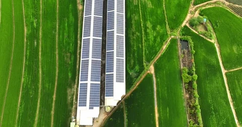 Overlooking farm paddy fields and solar farms Stock Footage 257042127