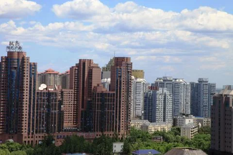 Overlooking groups of building in downtown Stock Photos