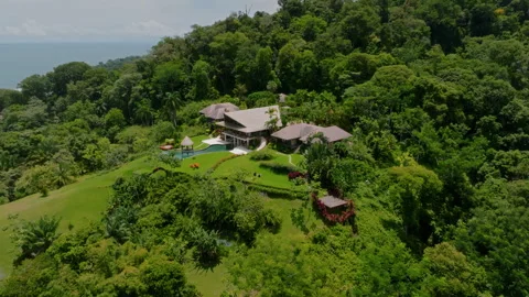 Overlooking Ocean From Lush Hillside. Eco Lodge Perched Above Vibrant Green Vídeo Stock 336061077