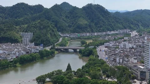 Overlooking the panoramic view of the urban area of Shexian County Stock-Footage 347429157