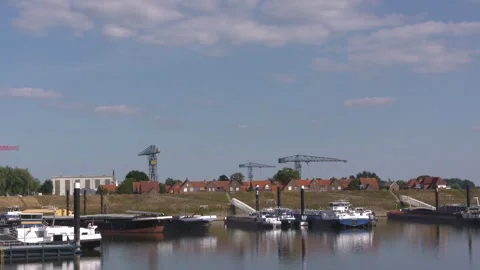 Overnight mooring facilities and floating jetty at Lobith-Tuindorp Stock Footage 260234746