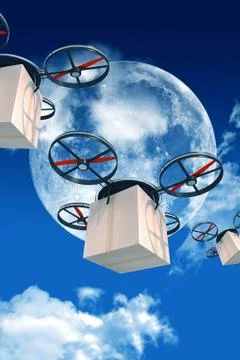 Overnight shipping by drones. 3d drones with packages illustration. large moo Stock Illustration