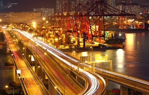 Overpass at night through the port Stock Photos