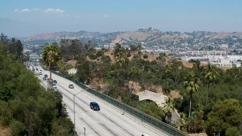 From overpass overlooking freeway north of los angeles 스톡 동영상 112765597