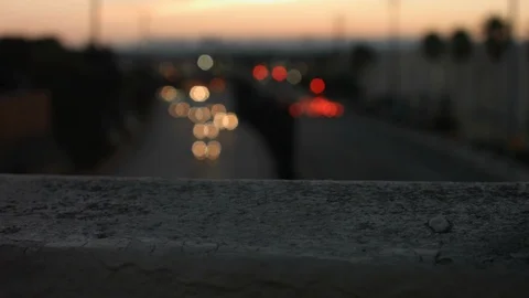 Overpass Tracking Beverly Hills Skyline at Sunset Stock Footage 94130876