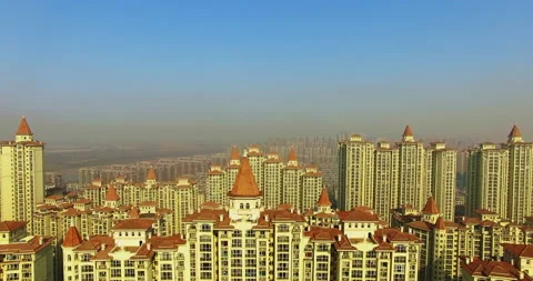 Overpopulation in a mega city that cause pollution, aerial shot Stock Footage 132221206