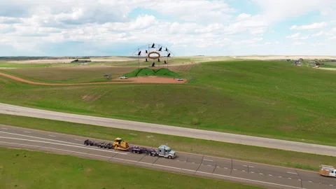 Oversize Load Aerial Heavy Haul Truck Interstate 94 North Dakota Sculpture Stock Footage 342280137