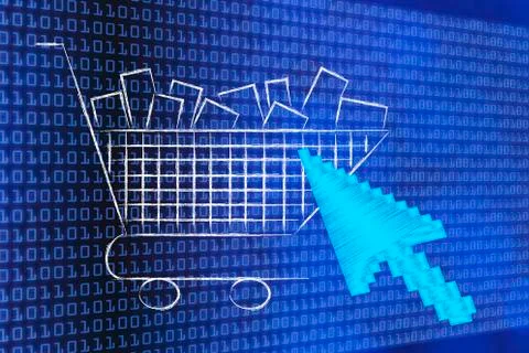 Oversize mouse pointer on shopping cart full of products 스톡 일러스트