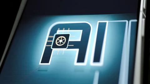 Oversized AI letters surround compact processor symbol Stock Photos