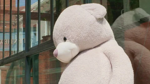 Oversized beige teddy bear leaning on glass window, medium close-up Stockbeeldmateriaal 332852732