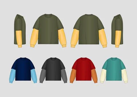 Oversized Double Layer Long Sleeve T-Shirt Technical Flat Sketch Vector Template Иллюстрация