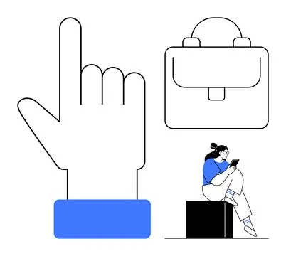 Oversized hand pointing up, briefcase, and woman sitting using a tablet. Idea イラスト素材