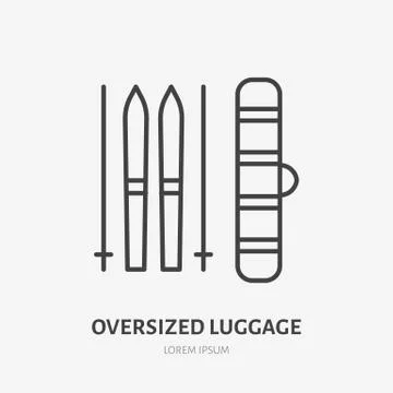 Oversized luggage set flat line icon. Ski package sign. Thin linear logo for Illustrazione stock