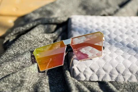 Oversized sunglasses model with big flat lenses shoot outside in a sunny day Stock Photos