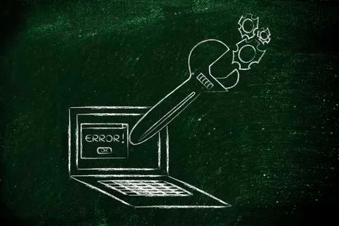 Oversized wrench fixing error message on computer screen Stock Illustration