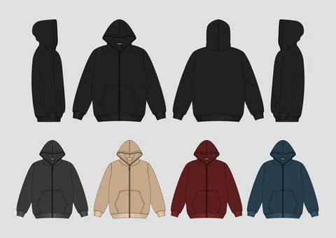 Oversized Zip-up Hoodie Tech Pack with Color Variations Vector Stock Illustration