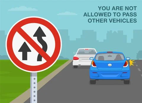 Overtaking, passing rules on the left-hand traffic. You are not allowed to pass. Stock Illustration