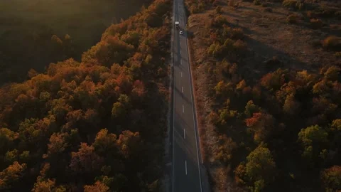 Overtaking traffic car vehicles drive aerial drone view in autumn day Stock Footage 220097347