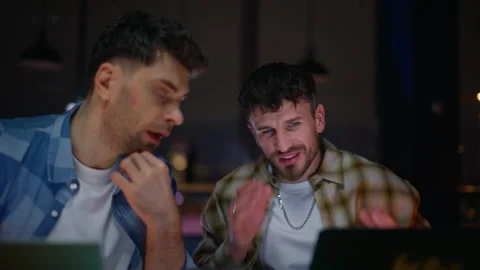 Overtime colleagues discussing project dark office portrait. Overworked creators Stock Footage 339300082