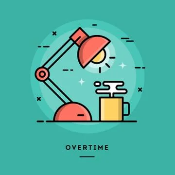 Overtime, flat design thin line banner Stock Illustration