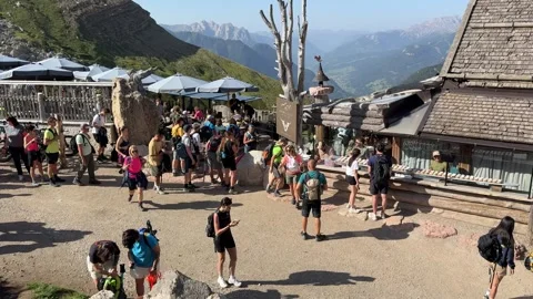 Overtourism Concept: Long Queue of Tourists at Rifugio Friedrich August Stock Footage 342306064