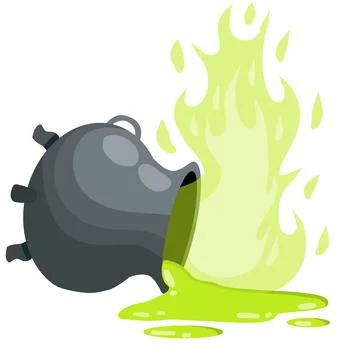 Overturned cauldron of magic potion and fire. Smoke and steam. Stock Illustration