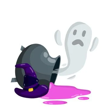 Overturned cauldron of magic potion. Green elixir of witches. Sorcerer hat. Illustrazione stock