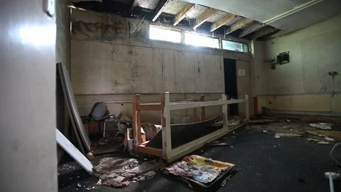 Overturned Table Within An Old Abandoned Building Stock Footage 113814992