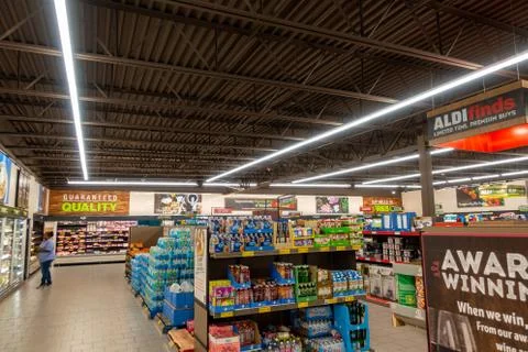 An overview of an Aldi store. Stock Photos