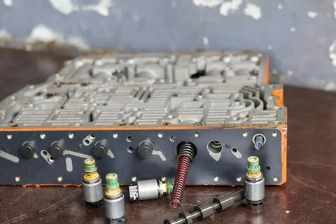 Overview of Automatic Transmission Control Valve Body with Solenoids and Sp.. Stock Photos