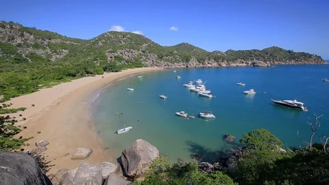 Overview of beach and boats at Radical Bay,Magnetic Island,Queensland,Australia Stock Footage 93572853