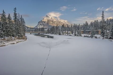 Overview of the Bow River and Mount Rundle in Banff Stock Photos