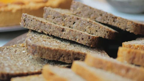 Overview of bread on the festive table. organic healthy foods on the table Stock Footage 126363066