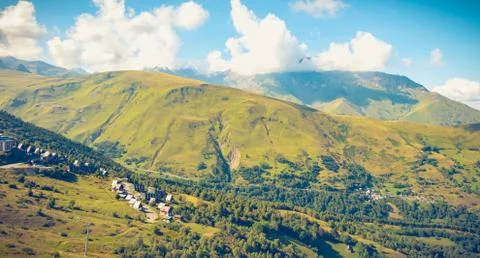 Overview of the buildings of the Pla D Adet ski resort Stock Photos